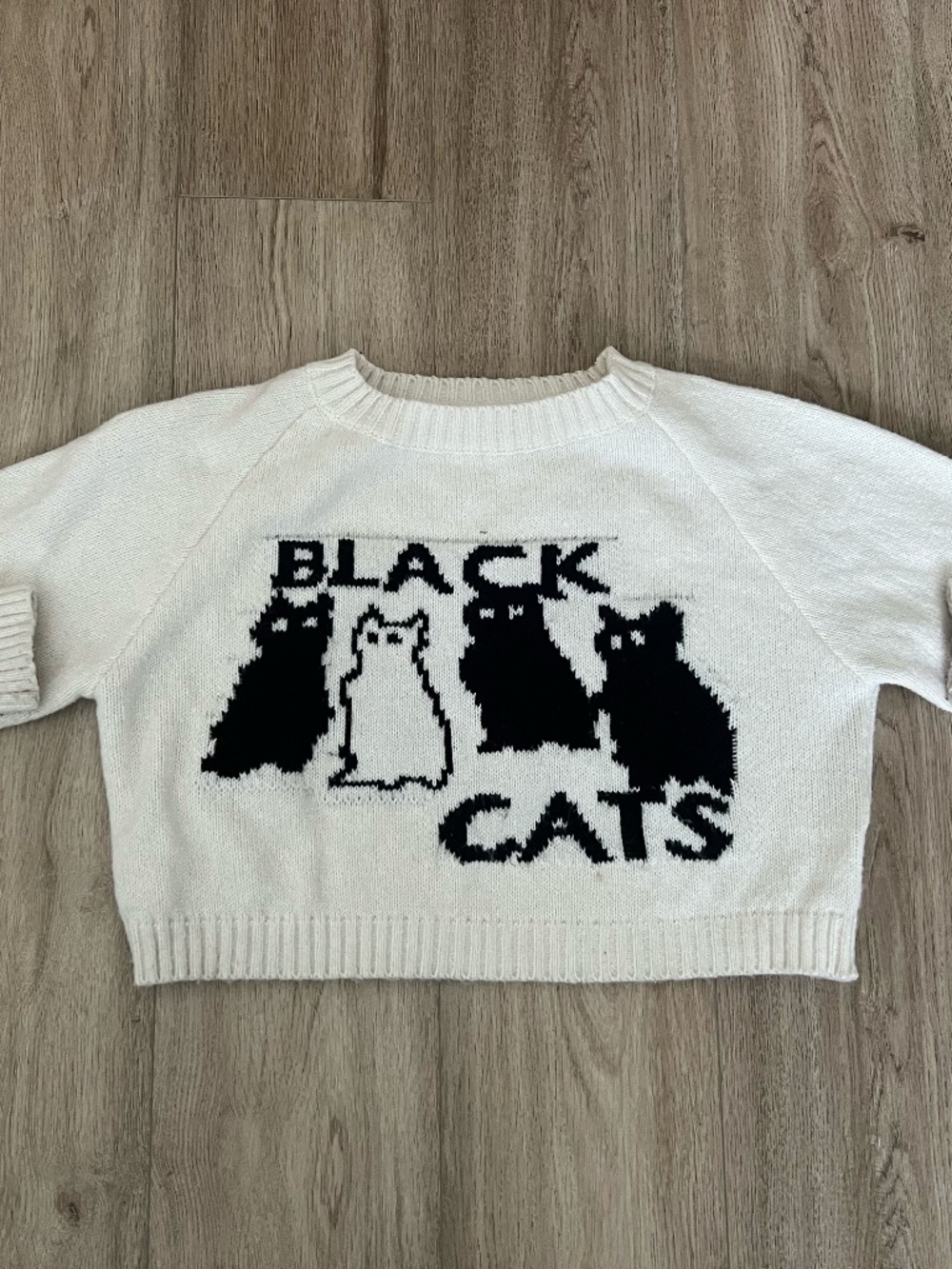 white cropped knit sweater, black cats graphic, small/medium, like new